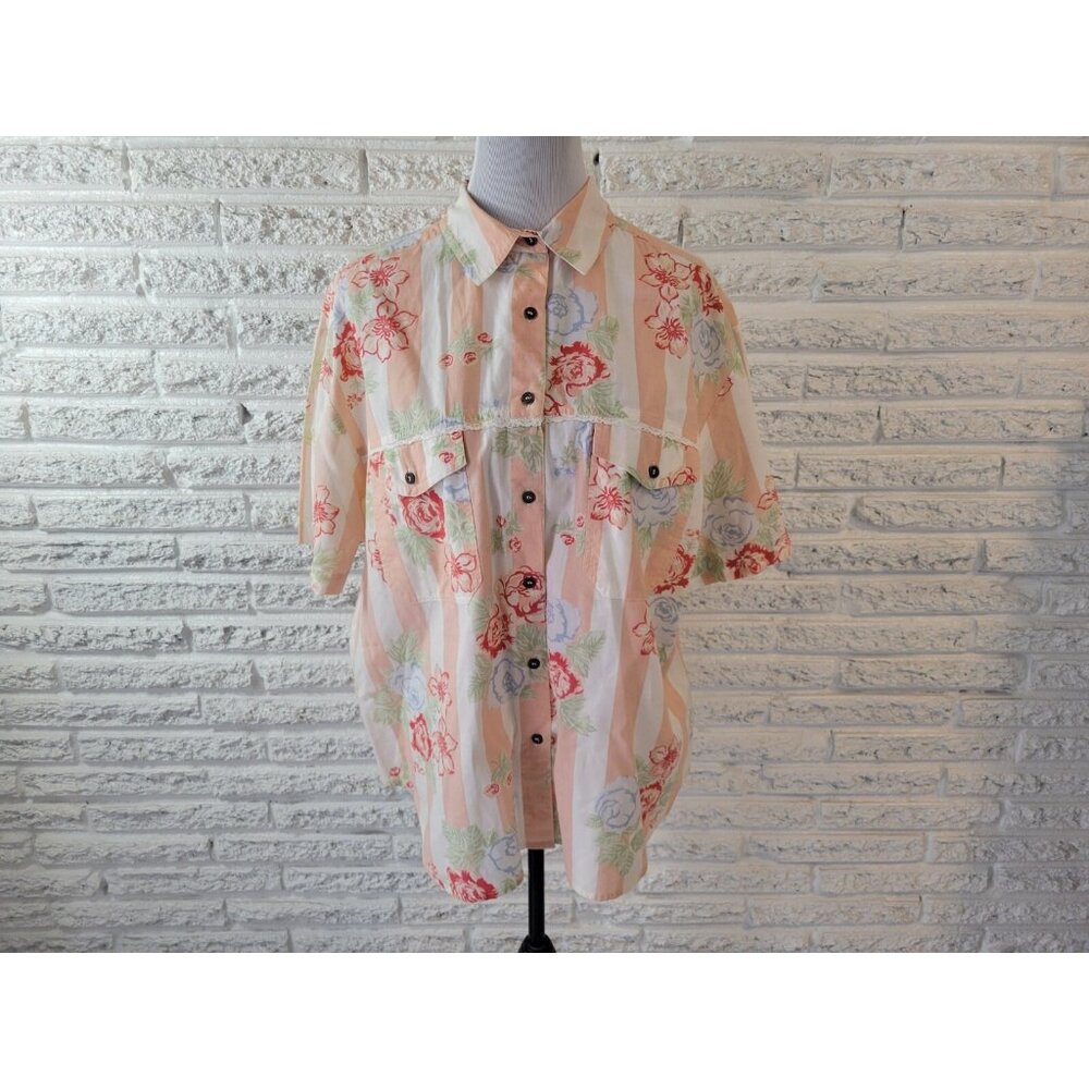 SK Wear Womens Shirt 2X Plus Short Sleeve Button Up Pink Floral Casual FLO371E